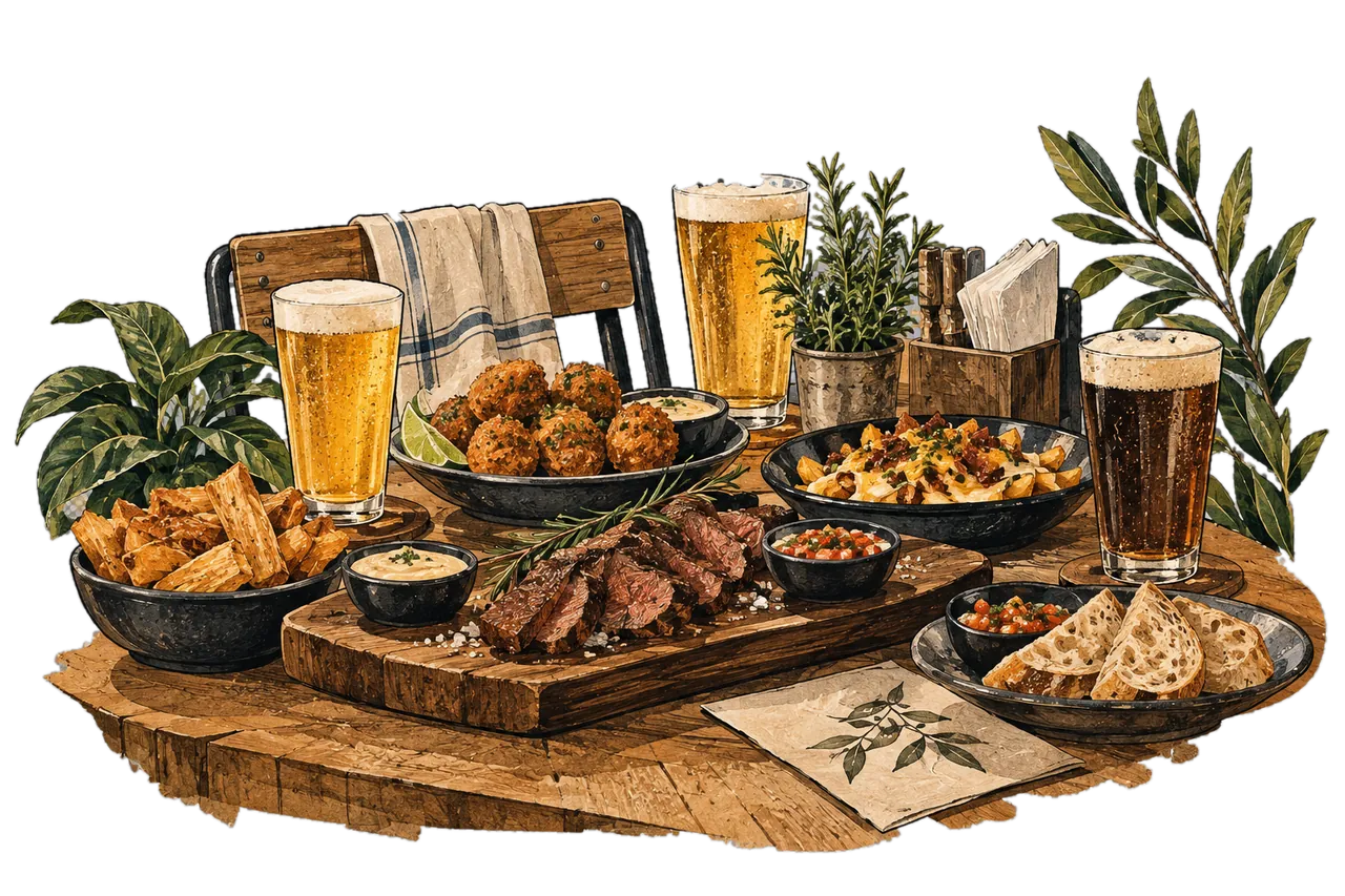 Ilustração de uma mesa da Casa Ravache com chopps, bolinhos, carne fatiada na tábua, fritas, batatas e pão