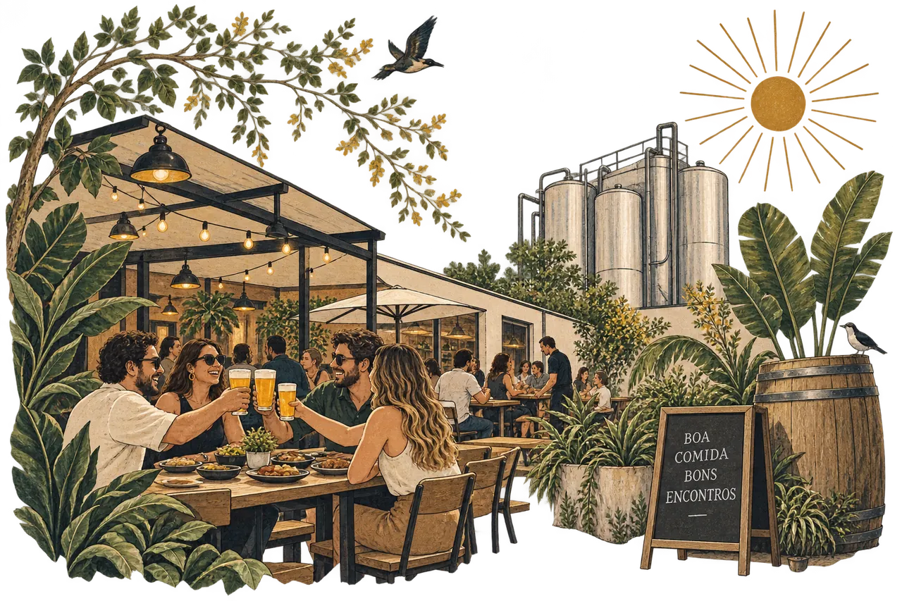Ilustração da Casa Ravache: amigos brindando com chopp na varanda, com os tanques da cervejaria ao fundo